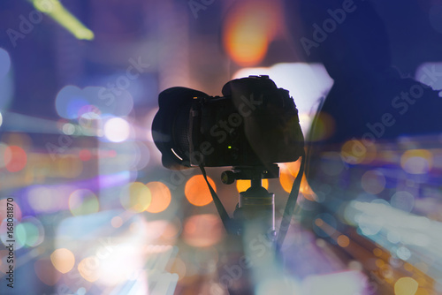 Camera with bokeh background as abstract style. photo