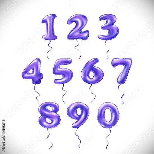 vector Purple number 1, 2, 3, 4, 5, 6, 7, 8, 9, 0 metallic balloon. Party decoration golden balloons. Anniversary sign for happy holiday, celebration, birthday, carnival, new year.