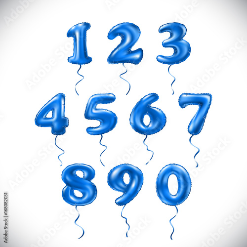 vector blue number 1, 2, 3, 4, 5, 6, 7, 8, 9, 0 metallic balloon. Party decoration golden balloons. Anniversary sign for happy holiday, celebration, birthday, carnival, new year.