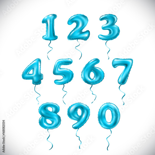 vector turquoise blue number 1, 2, 3, 4, 5, 6, 7, 8, 9, 0 metallic balloon. Party decoration golden balloons. Anniversary sign for happy holiday, celebration, birthday, carnival, new year.