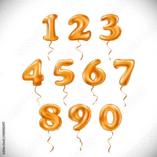 vector orange number 1, 2, 3, 4, 5, 6, 7, 8, 9, 0 metallic balloon. Party decoration golden balloons. Anniversary sign for happy holiday, celebration, birthday, carnival, new year.