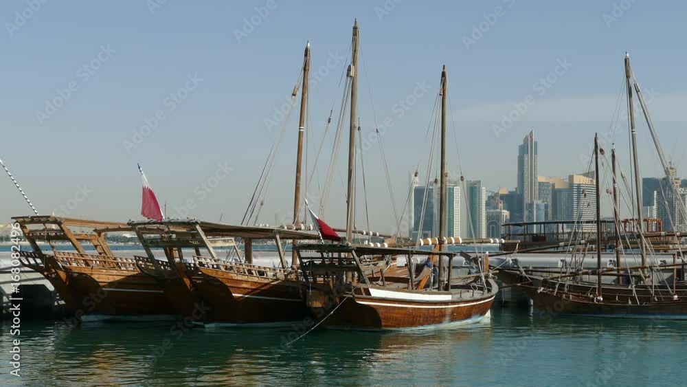 Close up from traditional Dhow, Arab sailing vessels in morning at Dhow Harbour Close up from traditional Dhow, Arab sailing vessels in morning at Dhow Harbour