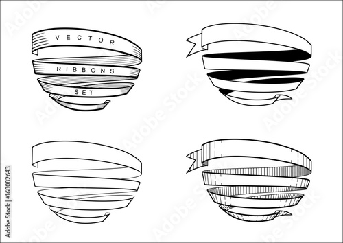Set of vintage spiral ribbons in engraving technique. Vector graphics
