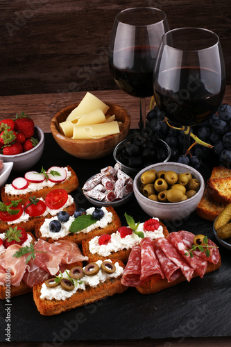 Italian antipasti wine snacks set. Cheese variety  Mediterranean