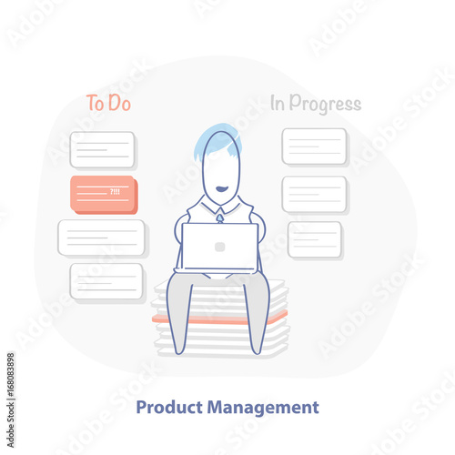 Product management illustration concept, planning, developing of a product. Cartoon manager sitting and planning product development, scrum agile board full of tasks on the background. Isolated vector