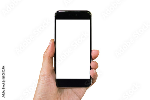 Man hand holding smartphone with blank screen mobile. Graphic design montage and isolate.