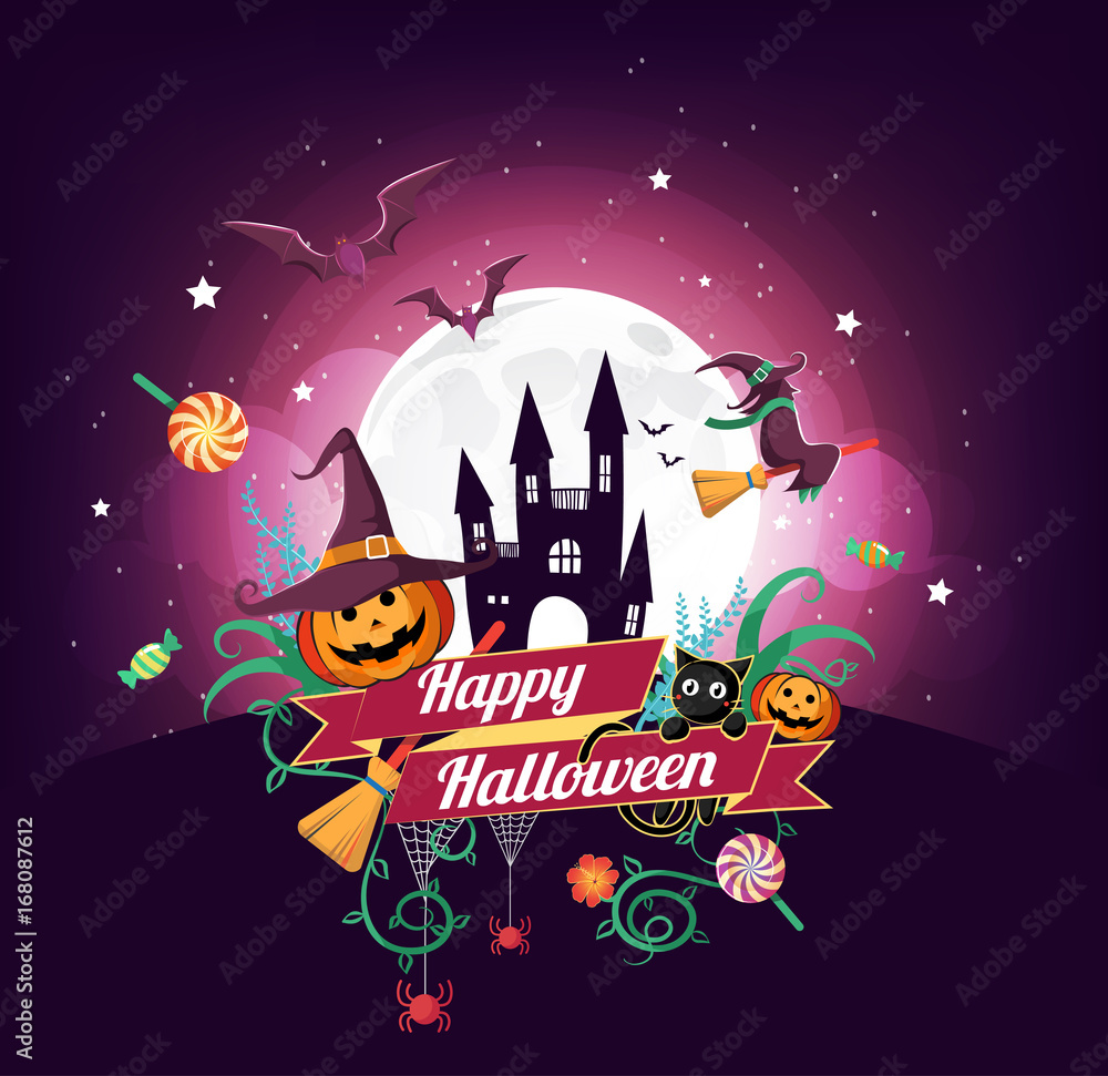 Halloween character and element design badge on full moon Background, Trick or Treat Concept, vector illustration