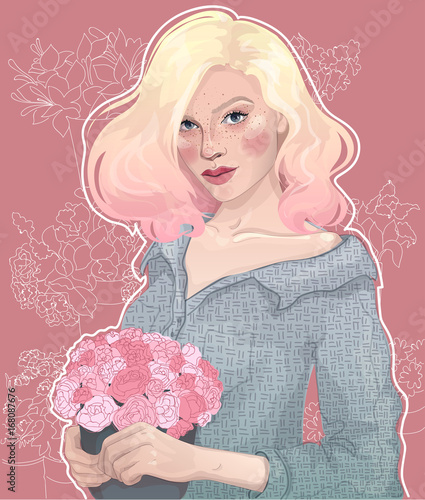 Vector beautiful tender blond girl with a bouquet of roses and peonies flowers in a box