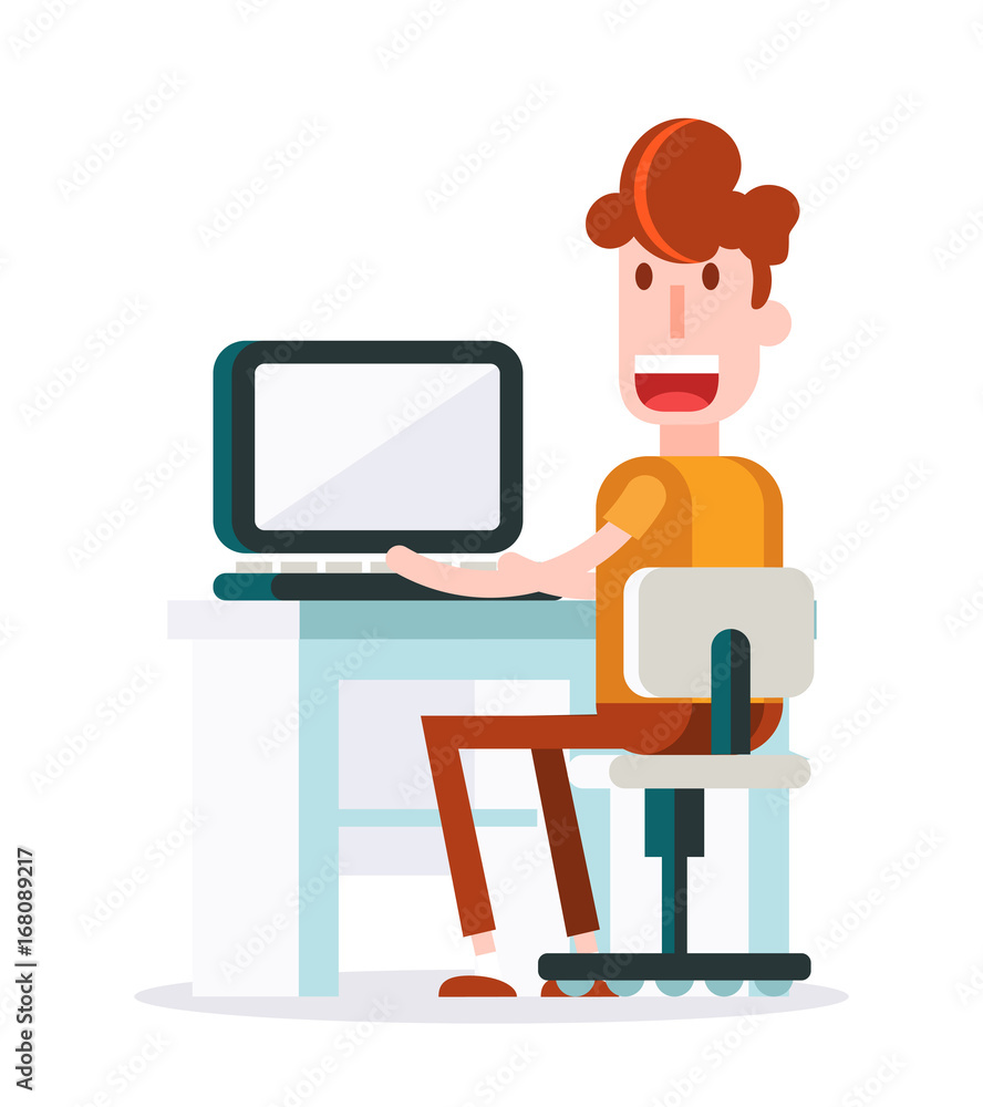 Boy Working with a Laptop . Isolated Flat Vector Illustration Boy Working with a Laptop . Isolated Flat Vector Illustration