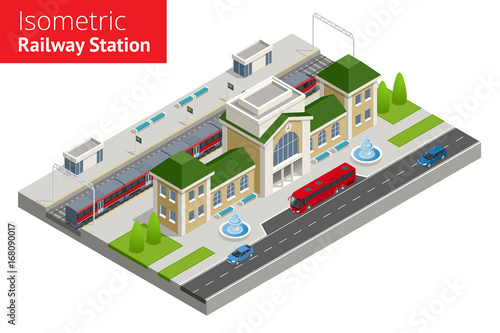isometric Train Station building with passenger trains, platform.