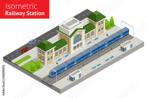 isometric Train Station building with passenger trains, platform.