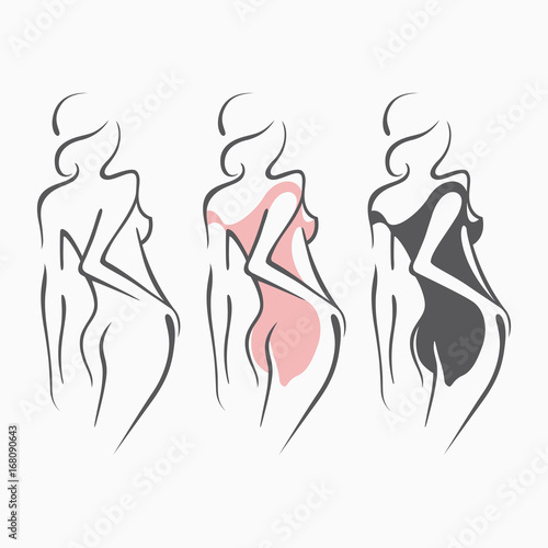 Collection sexy fitness naked girl with a chic figure. Intimate sexy lady, model in a pose. Lovely  ass Dressed In dress, nightie. Drawn art graphics for design, background