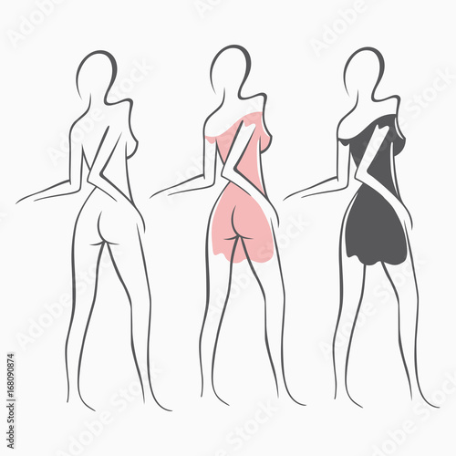 Collection sexy fitness naked girl with a chic figure. Intimate sexy lady, model in a pose. Lovely ass Dressed In dress, nightie. Drawn art graphics for design, background