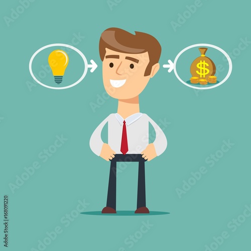 businessman with ideas - stands in front of bulbs elements. cooperate concept.