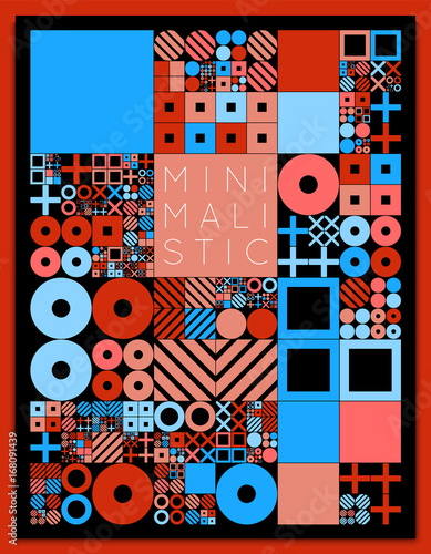 Subdivided grid system with symbols. Randomly sized objects with fixed space between. Futuristic minimalistic colorful layout. Conceptual generative background. Procedural graphics. Creative coding.