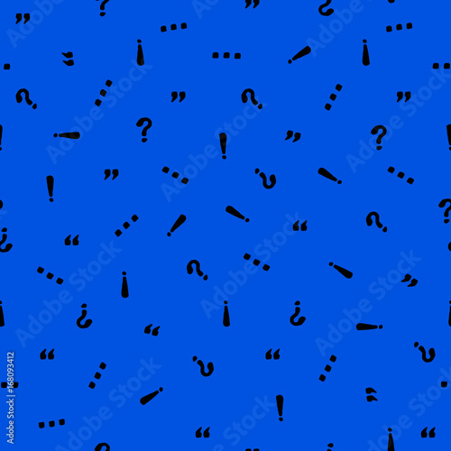 Vector seamless hand-drawn pattern with punctuation marks. Punctuation marks: quotes, ellipsis, commas, exclamation mark, question mark in a blue background