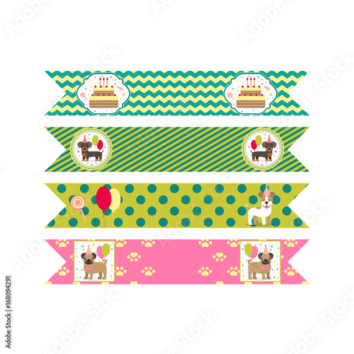 Set of vector elements for birthday design. Flags on tubules. Children's holiday