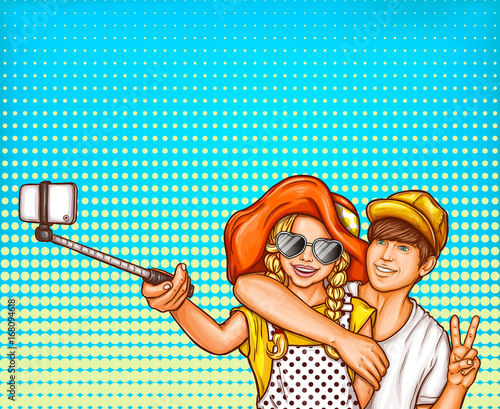 Vector pop art illustration of a young girl and boy hugging and making selfies on a smartphone using selfish sticks. Print, template, design element