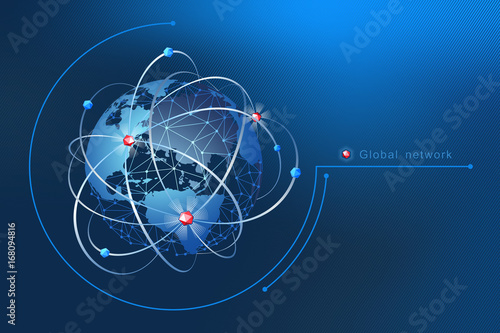 Modern design of network connections, the planet and satellites in orbit. Background vector illustration
