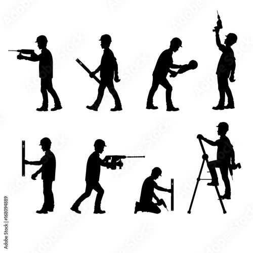 Silhouette of a construction workers, working with tools on a white background. Vector illustration