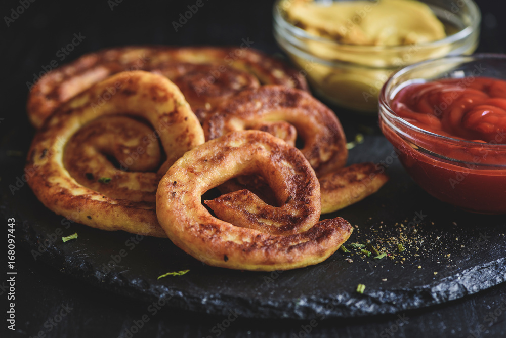 Fototapeta premium Deep fried potatoes and cheese spirals,selective focus