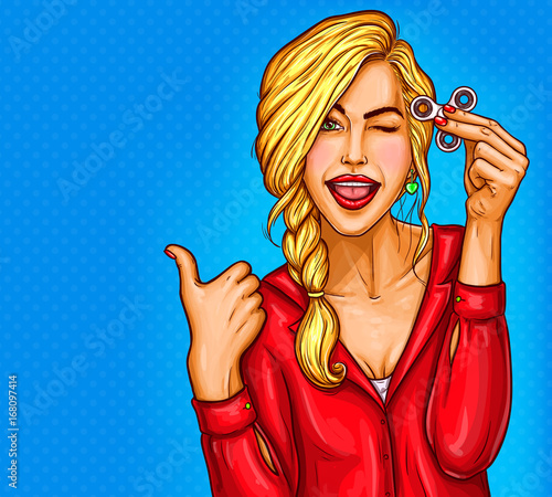 Vector pop art illustration of a beautiful young woman shows her fidget spinner. Tri fidget hand spinner - trendy stress relieving toy.