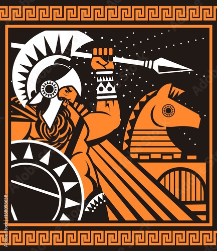 trojan warrior behind walls and troy horse
