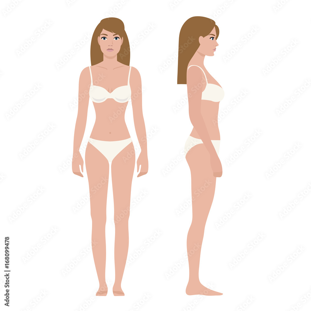 Long haired woman in white underwear on white background, front and side view. Vector illustration, realistic style. Long haired woman in white underwear on white background, front and side view. Vector illustration, realistic style.