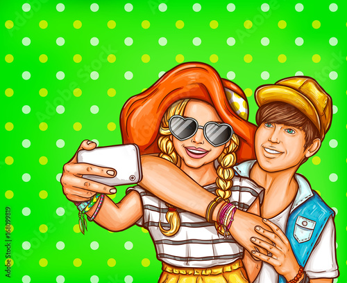 Vector pop art illustration of a young girl and boy hugging and making selfies on a smartphone. Print, template, design element