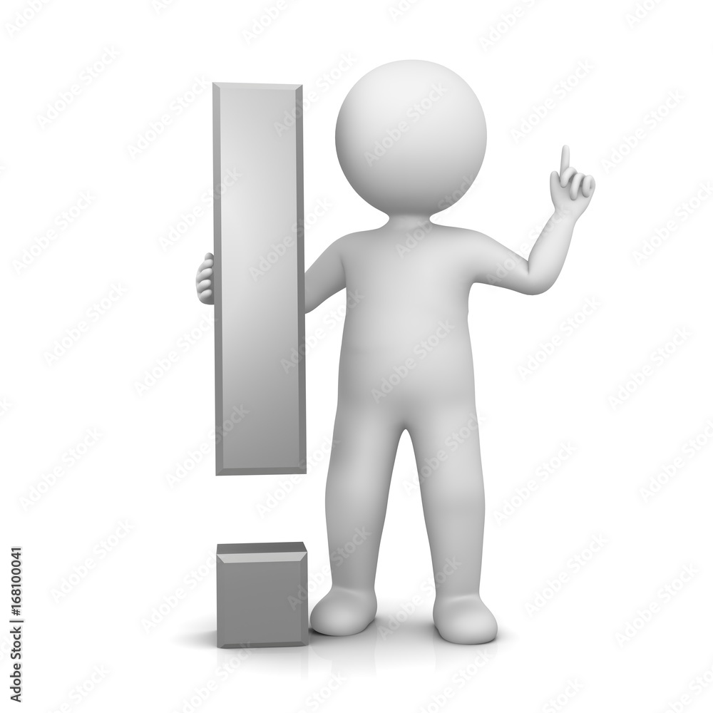 exclamation mark exclamation point 3d silver grey gray stick man pointing up attention pose hand up warning gesture exclamation mark exclamation point 3d silver grey gray stick man pointing up attention pose hand up warning gesture