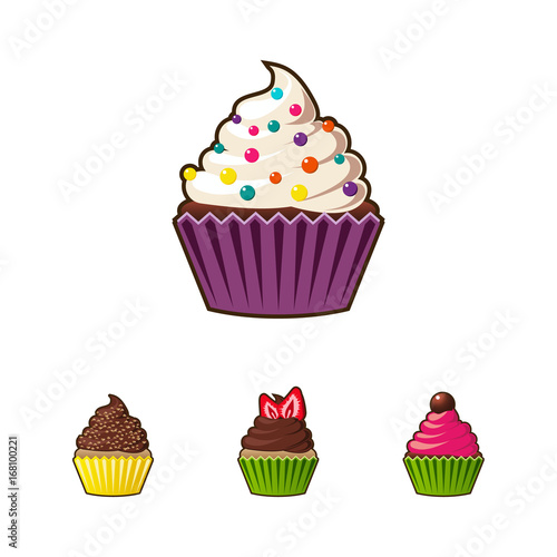 Vector cupcakes or muffins icon. Colorful dessert with cream, chocolate, cherries and strawberries. Multicolor cute cupcake sign for flyers, postcards, stickers, prints, posters, decorations.