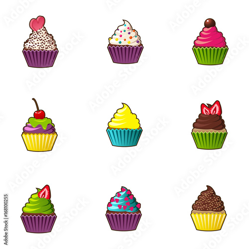 Vector cupcakes or muffins icon. Colorful dessert with cream  chocolate  cherries and strawberries. Multicolor cute cupcake sign for flyers  postcards  stickers  prints  posters  decorations.