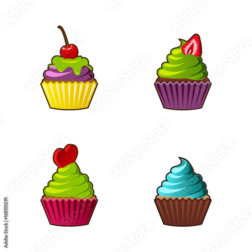 Vector cupcakes or muffins icon. Colorful dessert with cream, chocolate, cherries and strawberries. Multicolor cute cupcake sign for flyers, postcards, stickers, prints, posters, decorations.