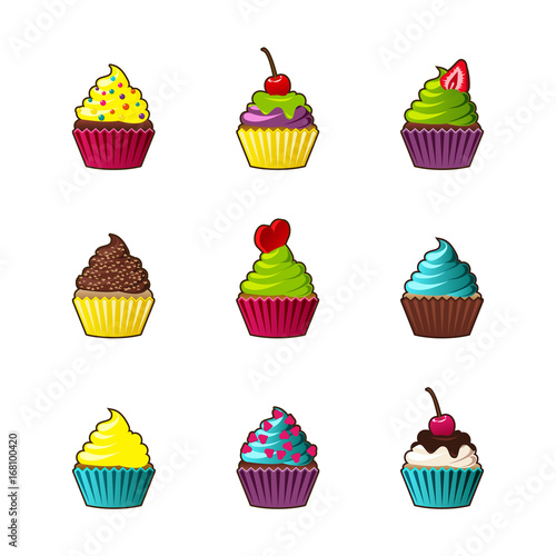 Vector cupcakes or muffins icon. Colorful dessert with cream, chocolate, cherries and strawberries. Multicolor cute cupcake sign for flyers, postcards, stickers, prints, posters, decorations.