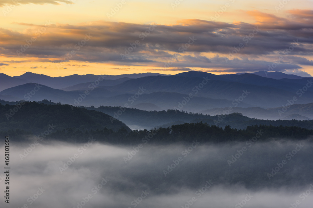 Smoky Mountains on Foggy Morning at Sunrise