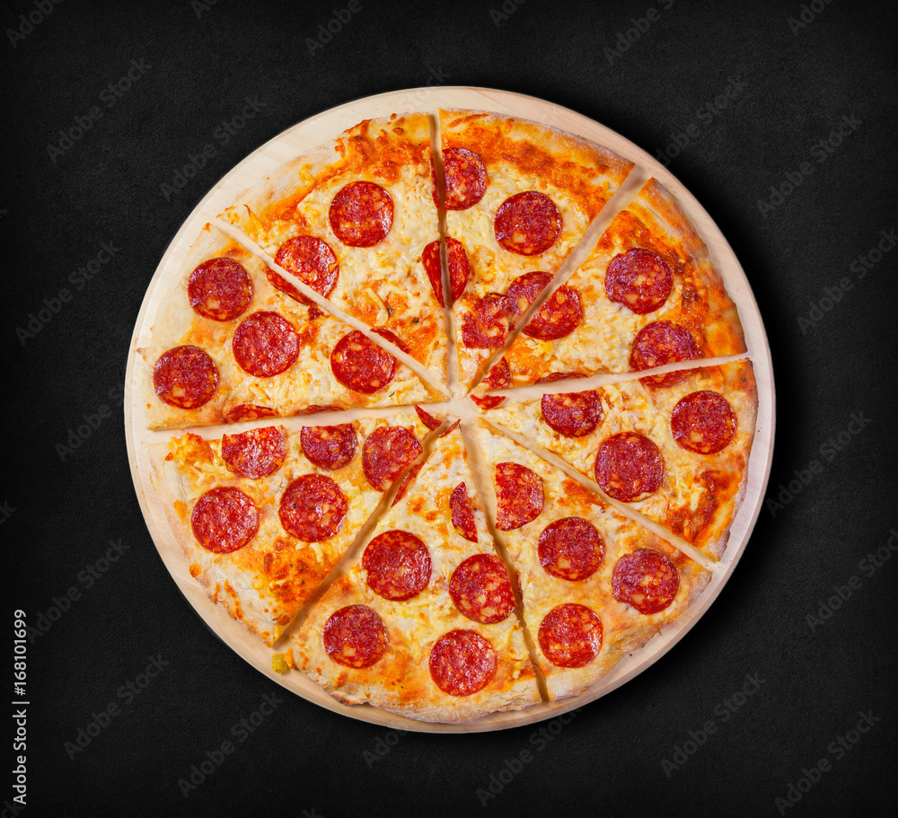 Pepperoni pizza on a black background. Visit my page. You will be able to find an image for every pizza sold in your cafe or restaurant Pepperoni pizza on a black background. Visit my page. You will be able to find an image for every pizza sold in your cafe or restaurant