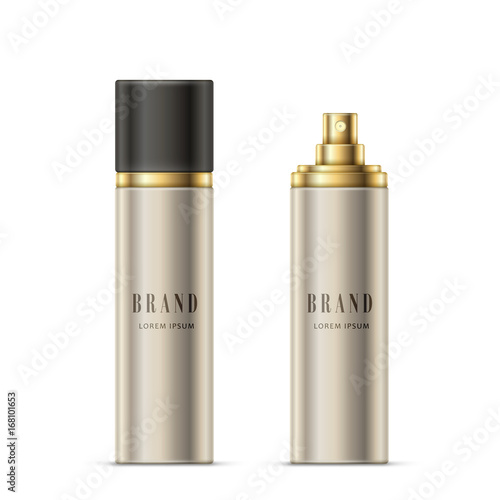 Vector realistic illustration of a spray bottle of silvery color with a golden sprayer and black cap, isolated on white. Open and closed spray bottle for deodorant, perfume, hairspray ready for design