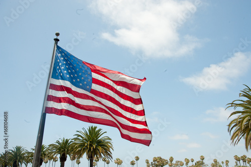 American Flag Waving in Wind in California, Palm Trees,