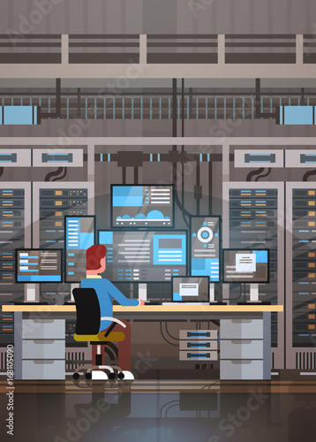 Man Working In Data Center Room Hosting Server Computer Monitoring Information Database Flat Vector Illustration