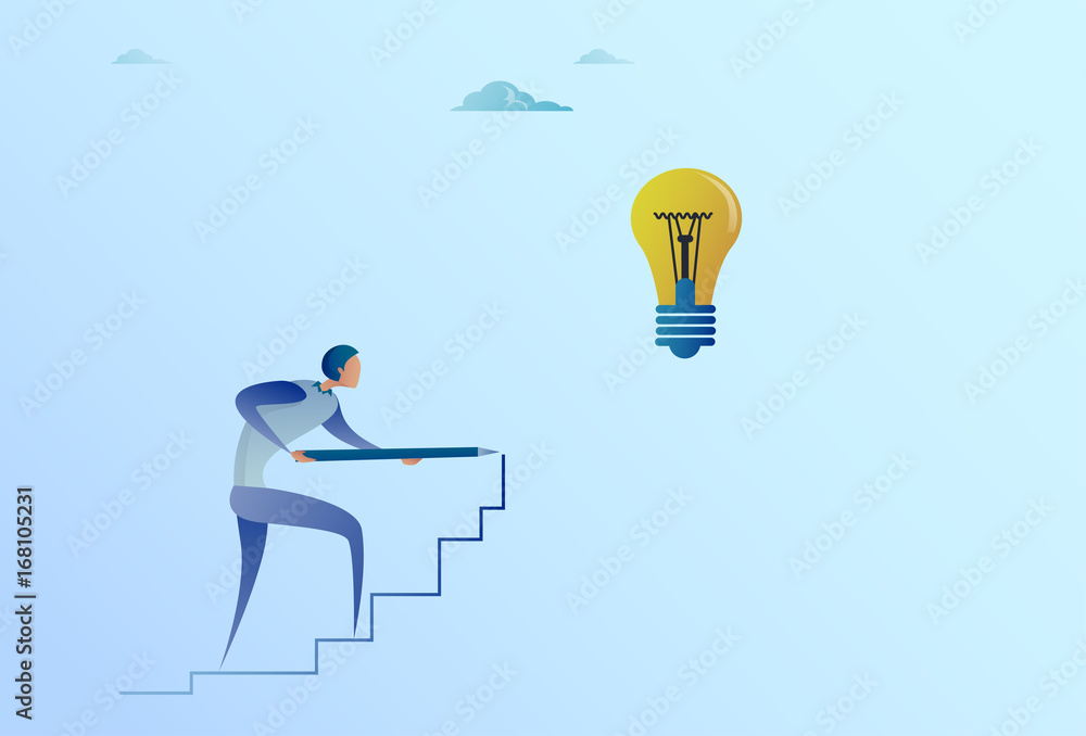 Business Man Drawing On Stairs Up To Light Bulb New Idea For Startup Concept Flat Vector Illustration Business Man Drawing On Stairs Up To Light Bulb New Idea For Startup Concept Flat Vector Illustration