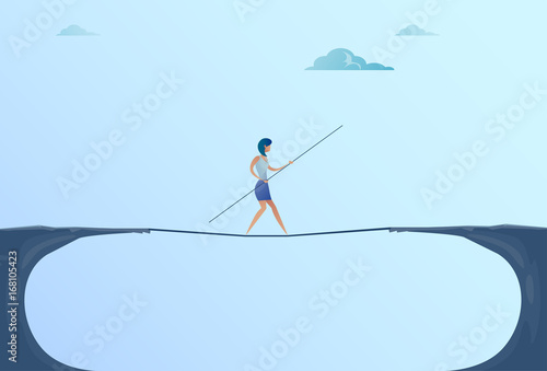 Businesswoman Walk Over Cliff Gap Mountain Business Woman Balancing Wooden Stick Bridge Flat Vector Illustration