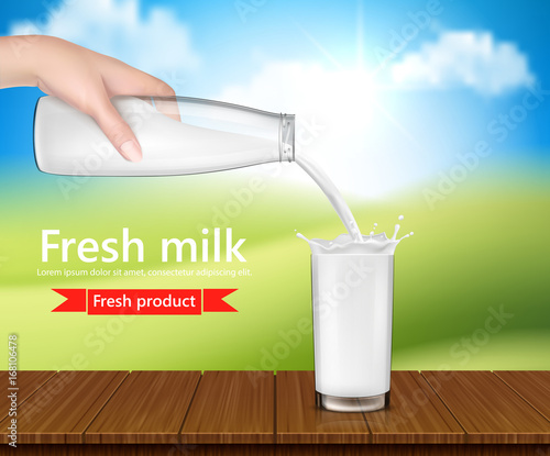Vector realistic illustration, background with hand holding a milk glass bottle and pouring milk, a dairy product, yogurt into a drinking glass. Template, design element for an advertising poster