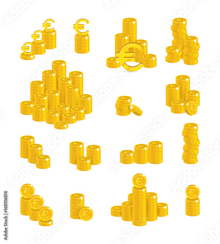 Slides gold euro isolated cartoon set. A lot of slides and piles of gold euro and euro signs for designers and illustrators. Gold stacks of pieces in the form of a vector illustration