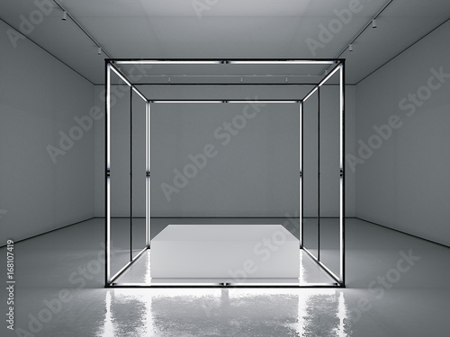 Dark gallery with empty modern showcase. 3d rendering photo