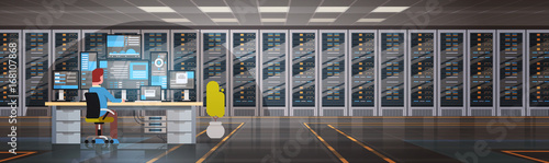 People Working In Data Center Room Hosting Server Computer Monitoring Information Database Flat Vector Illustration
