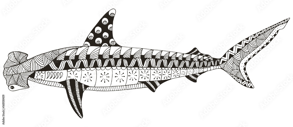 Naklejka premium Hammerhead shark zentangle stylized, vector, illustration, pattern, freehand pencil, hand drawn. Anti stress coloring books for kids and adults.