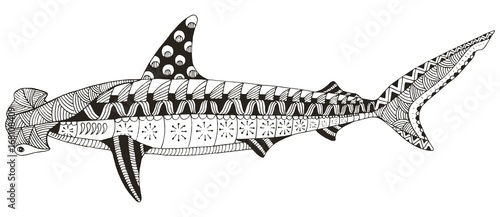 Hammerhead shark zentangle stylized, vector, illustration, pattern, freehand pencil, hand drawn. Anti stress coloring books for kids and adults.