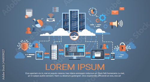 Data Center Cloud Computer Connection Hosting Server Database Synchronize Technology Vector Illustration