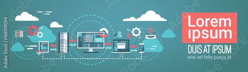 Data Center Cloud Computer Connection Hosting Server Database Synchronize Technology Vector Illustration