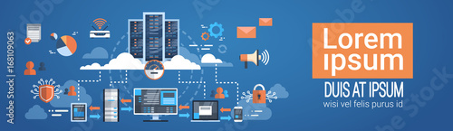 Data Center Cloud Computer Connection Hosting Server Database Synchronize Technology Vector Illustration